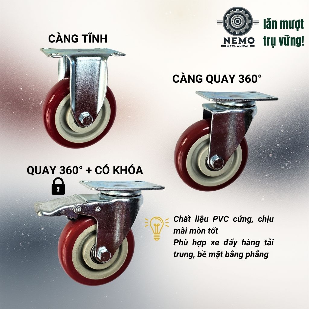 Bánh Xe Đẩy PVC Đỏ Mận – Càng Thép Dày 2.3mm (D75, D100, D125)
